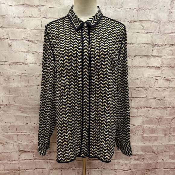 TOMMY HILFIGER Womens Button Up Blouse Top Chevron Print Navy Yellow Siz… - Picture 1 of 5